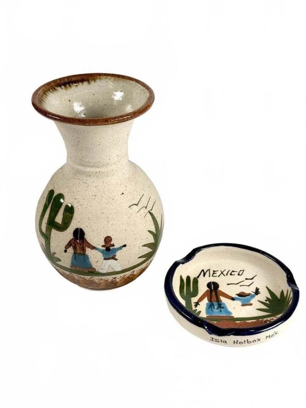Mexican Folk Art Pottery Vase & Ashtray Set Isla Holbox Hand Painted Signed